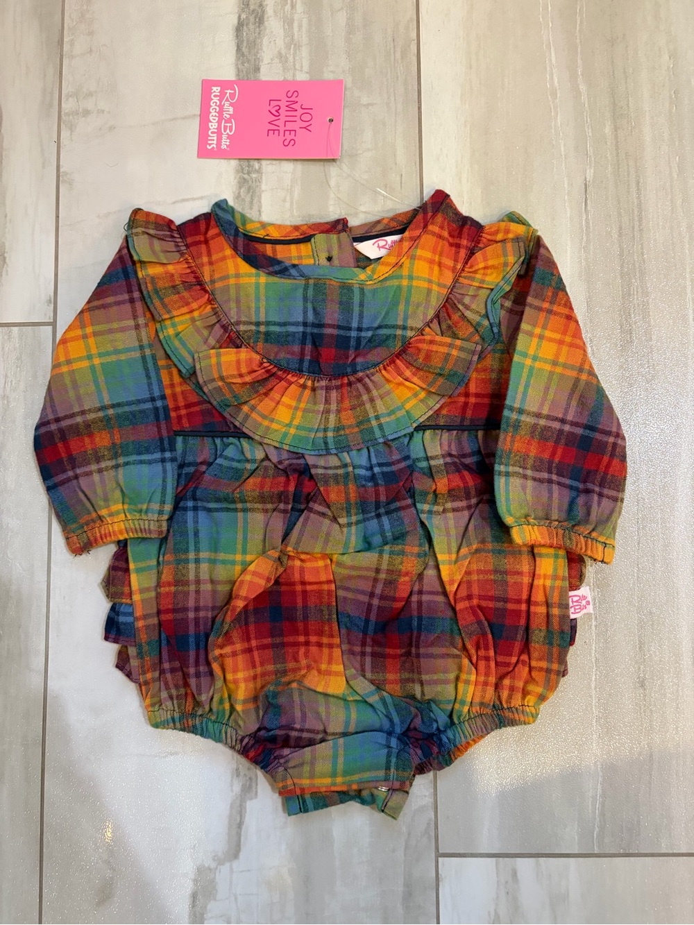 NWT RuffleButts Storybook Rainbow Plaid Ruffled Long Sleeve Bubble Romper 0-3M